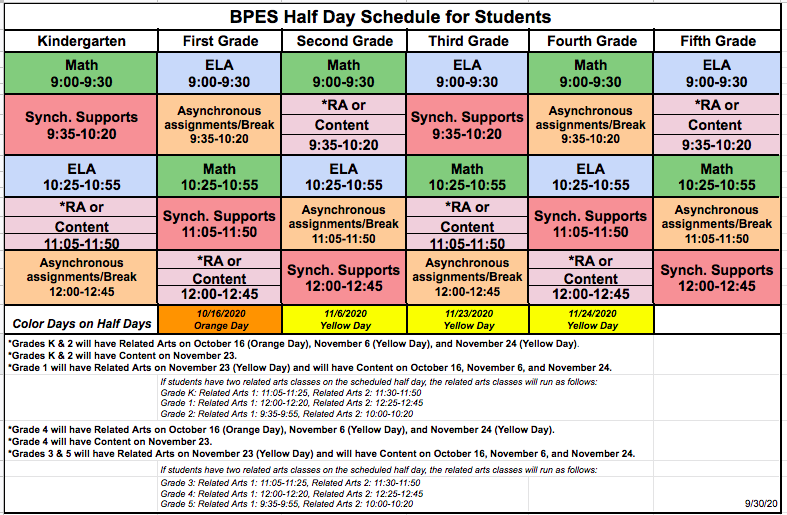 Half Day Schedule Bushy Park Elementary School